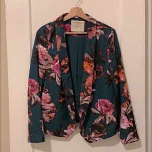 Anthropologie Teal Floral Blazer with Pink and Orange Flowers